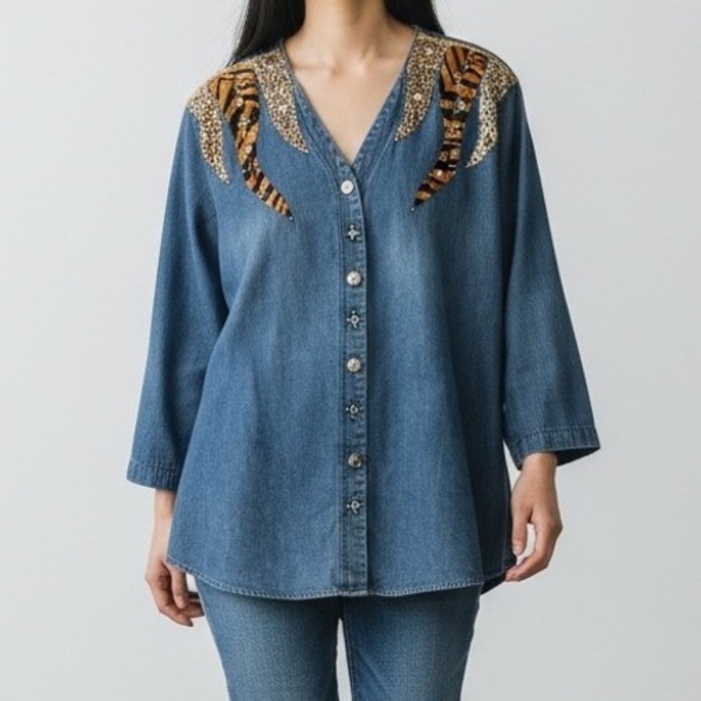 Vintage Denim Safari Western Embellished Lightweight Long Jacket Shacket Large